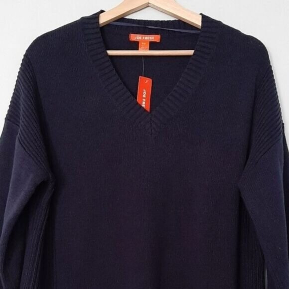 JOE FRESH \ High-Low Hem Relaxed Fit V-Neck Pullover Sweater Navy Blue Sz S - Picture 2 of 14
